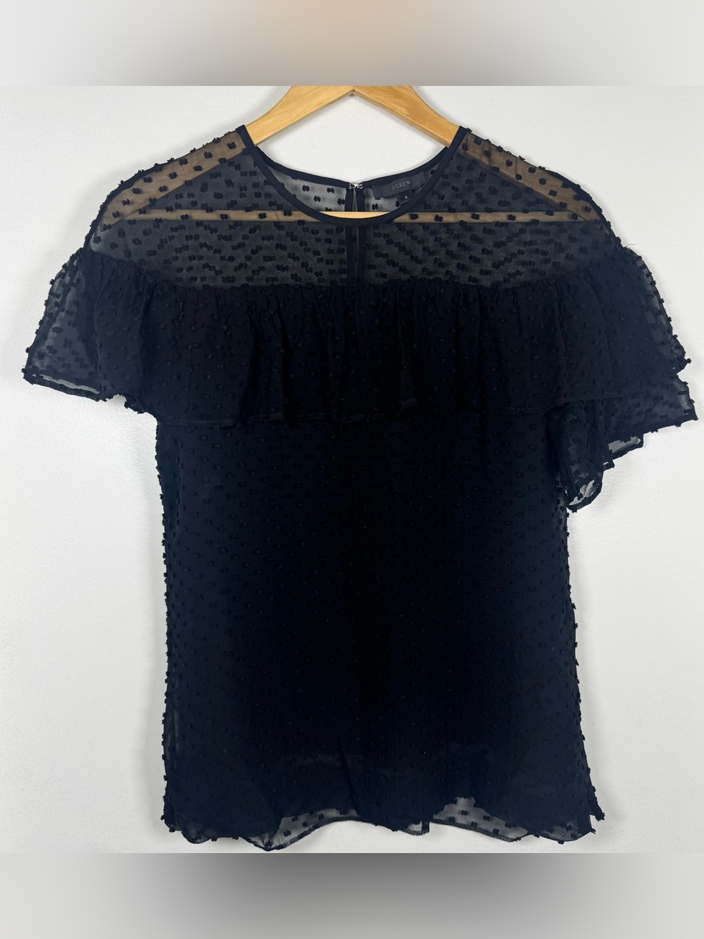 J.Crew Edie blouse in sheer Black swiss dot Fabric Women’s 2 X Small Ruffle Top